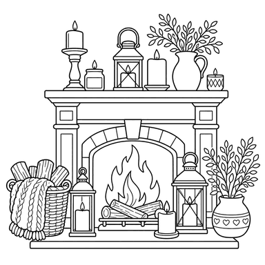 Hygge mantel with candles coloring page