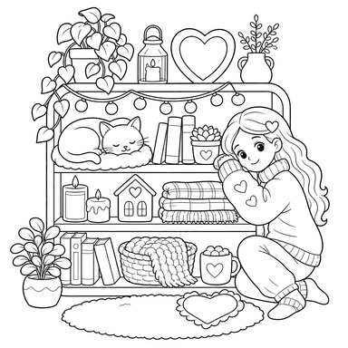 Hygge Girl with Cat and Books Coloring Page