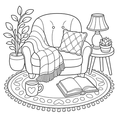 Hygge rug with cup & book coloring page