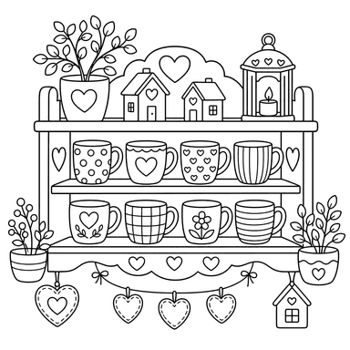 Hygge shelf with cup set coloring page