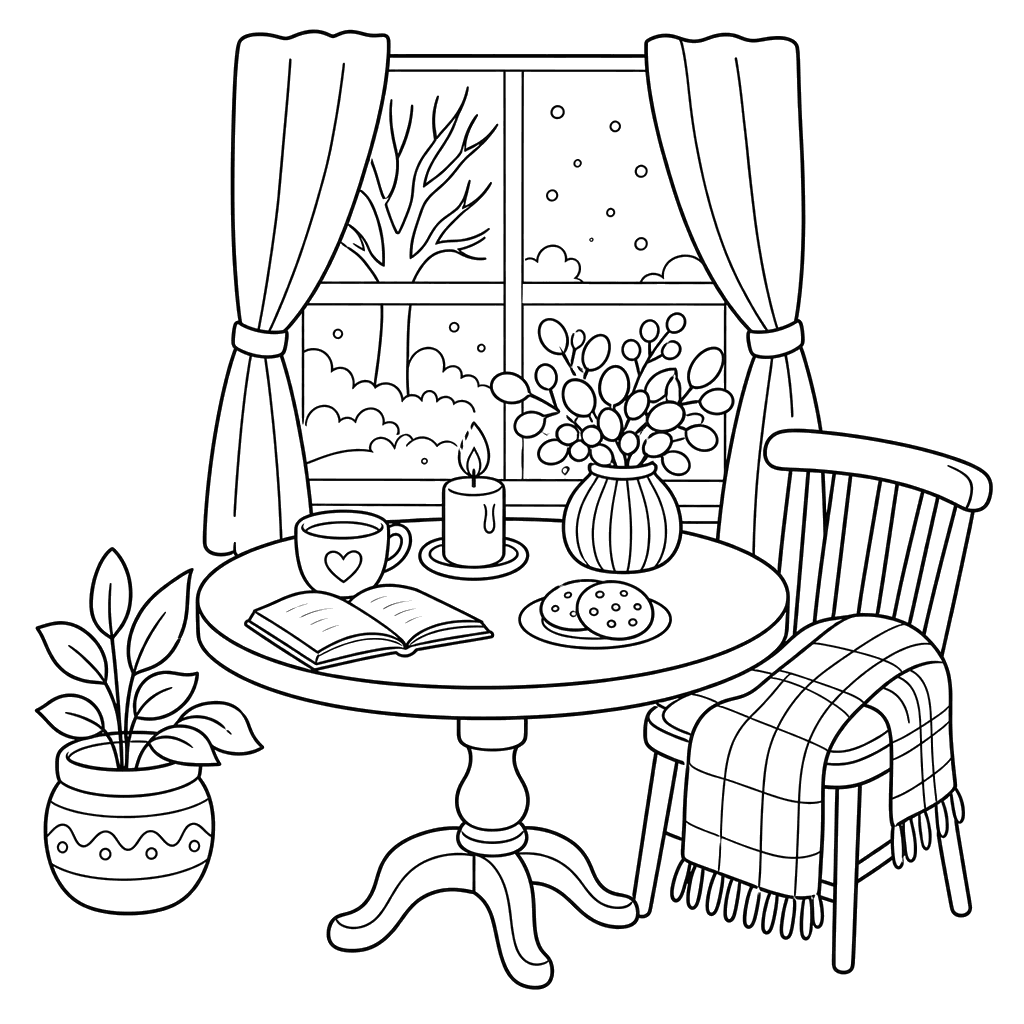 Hygge Table by the Window Coloring Page