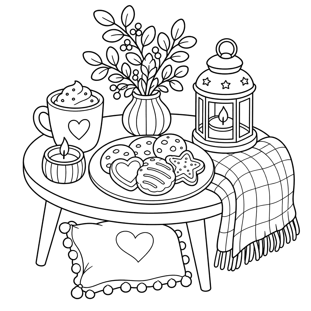 Hygge table with cookies coloring page