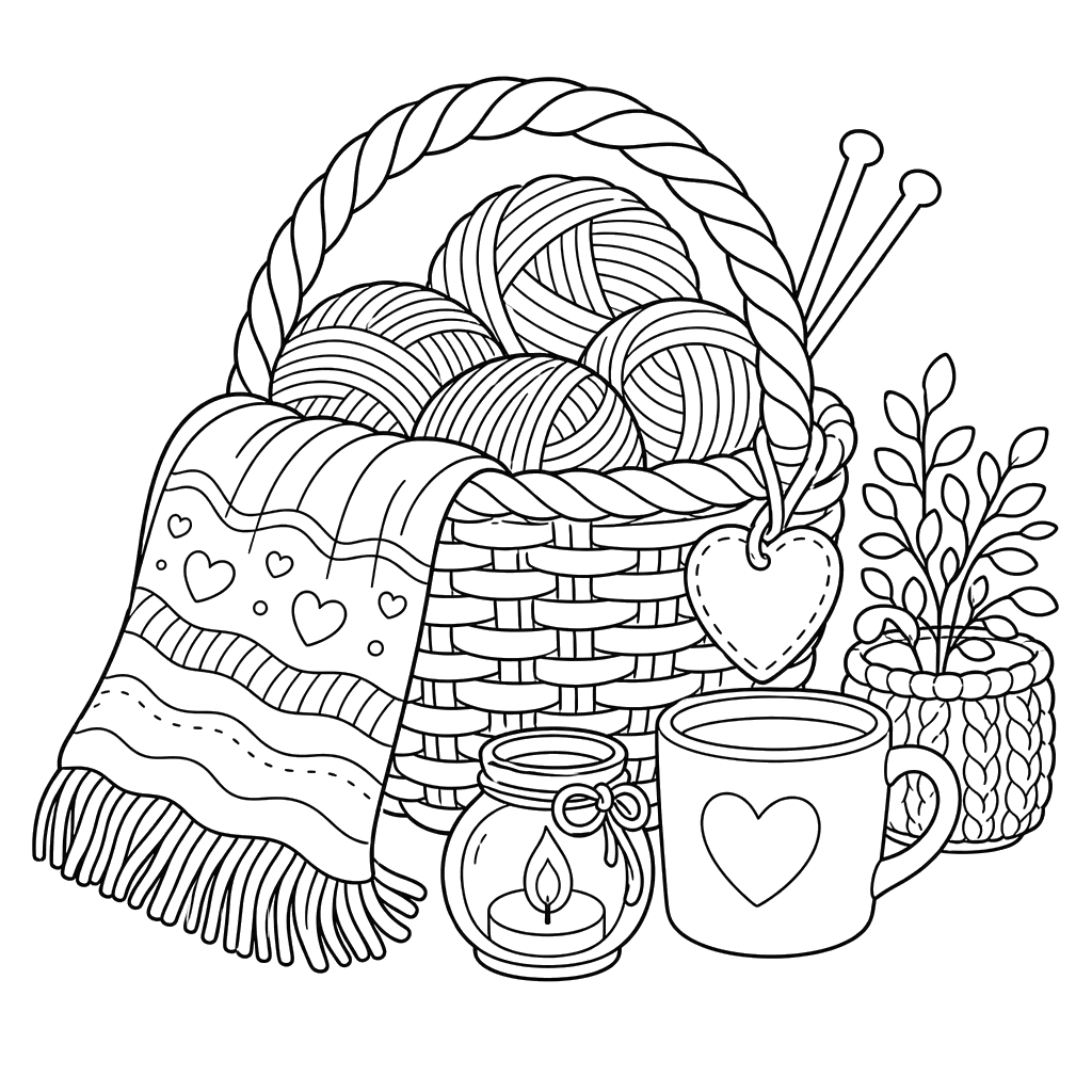 Hygge yarn basket coloring page