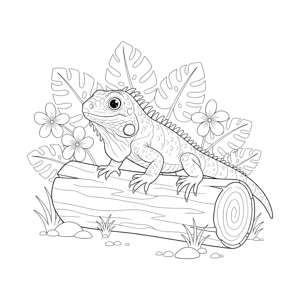 Iguana Crossing a Log Coloring Page