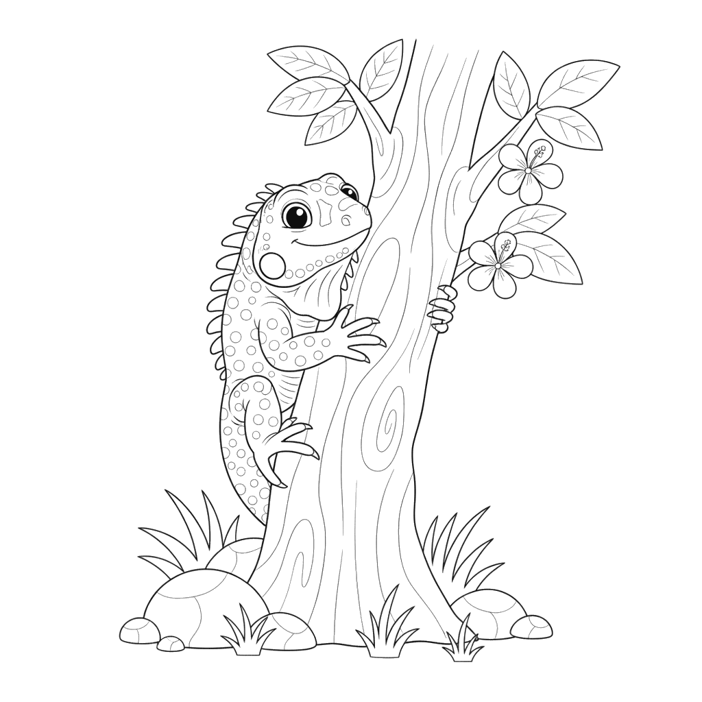Iguana Descending a Tree Coloring Page