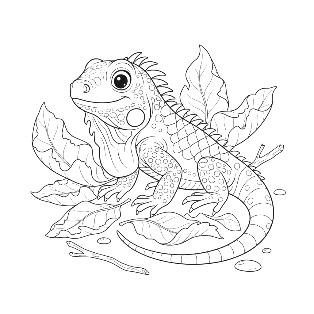Iguana in Dry Leaves Coloring Page