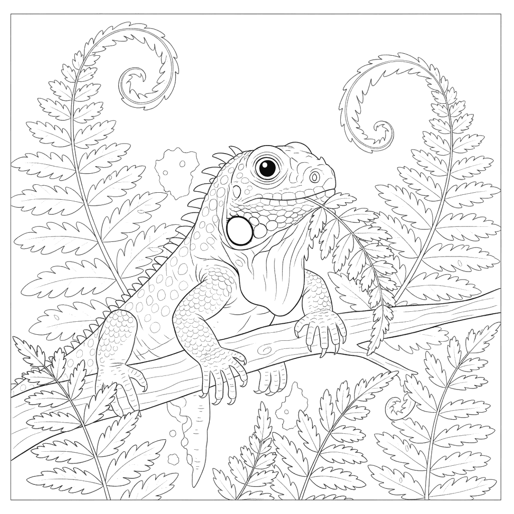 Iguana Eating Fern Leaves Coloring Page