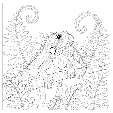 Iguana Eating Fern Leaves Coloring Page