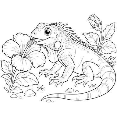 Iguana Eating Hibiscus Flower Coloring Page
