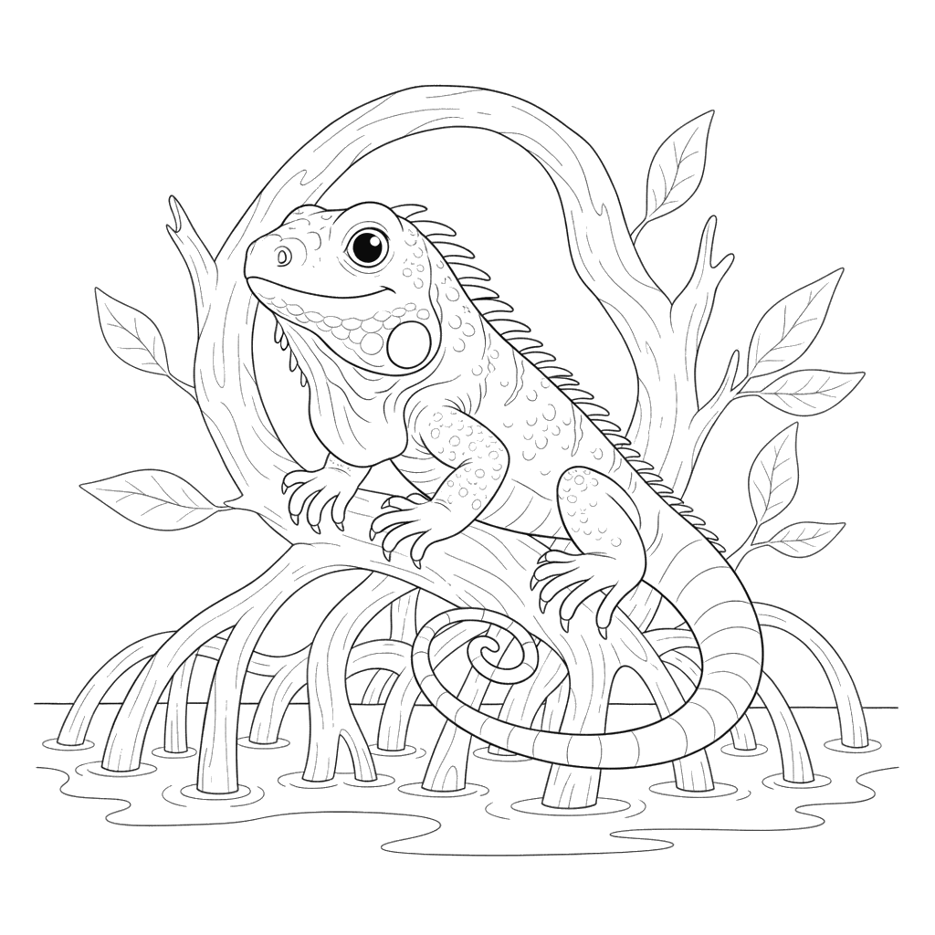 Iguana Coloring Page Among Mangrove Roots
