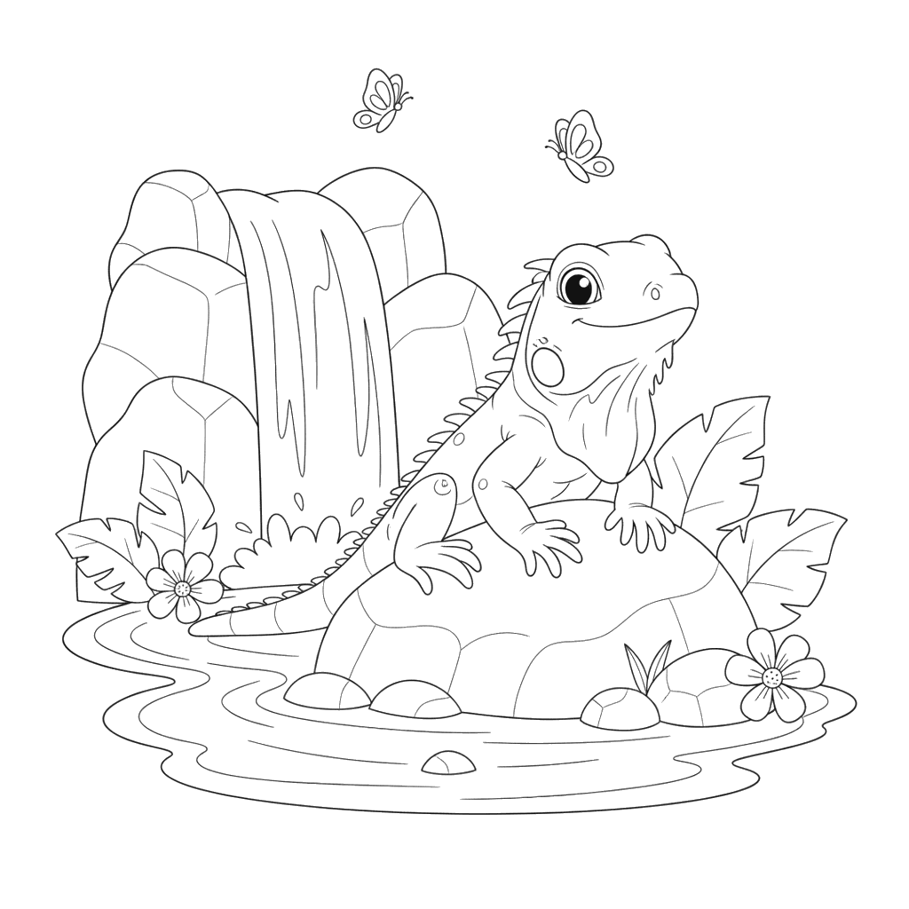 Iguana by Waterfall Coloring Page