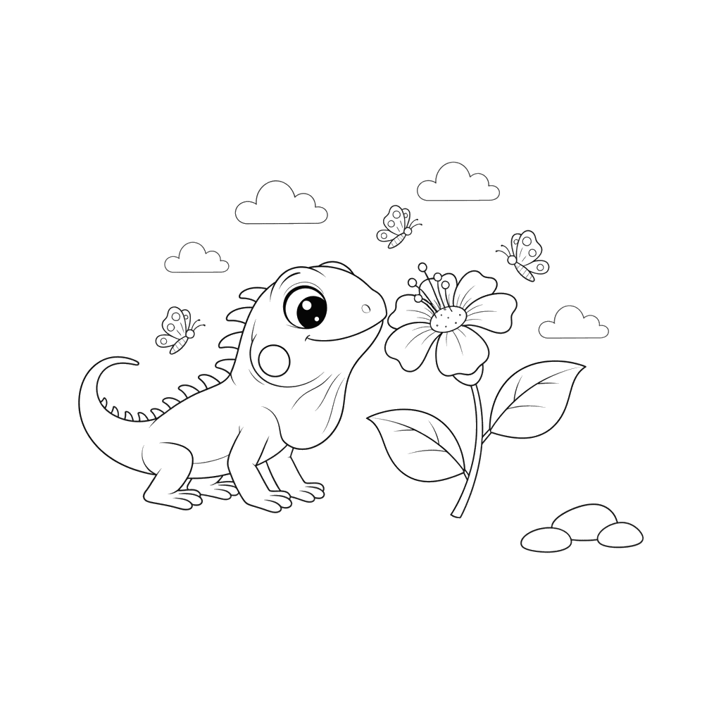 Iguana Smelling a Flower Coloring Page