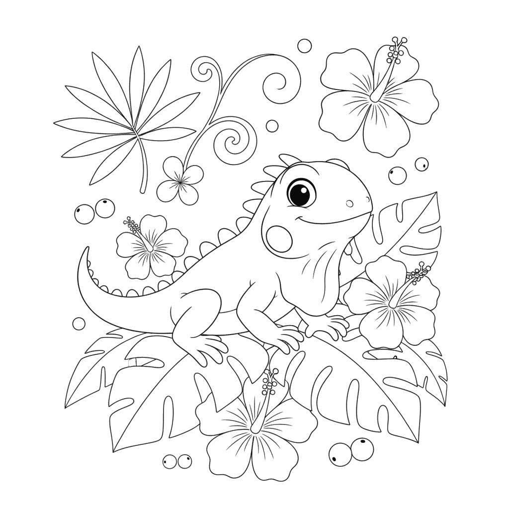 Iguana Tropical Flowers Coloring Page