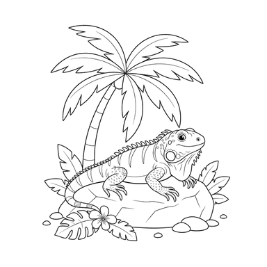 Iguana Under Palm Tree Coloring Page