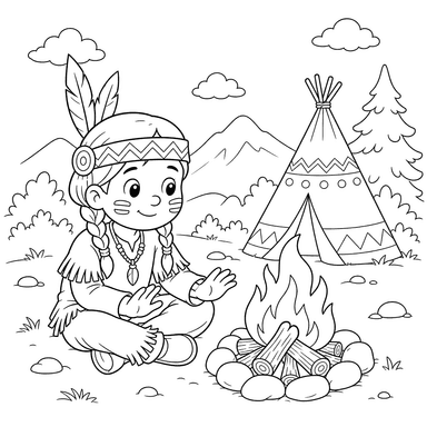 Indian by a Campfire Coloring Page
