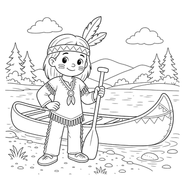 Indian by a Canoe on a River Coloring Page