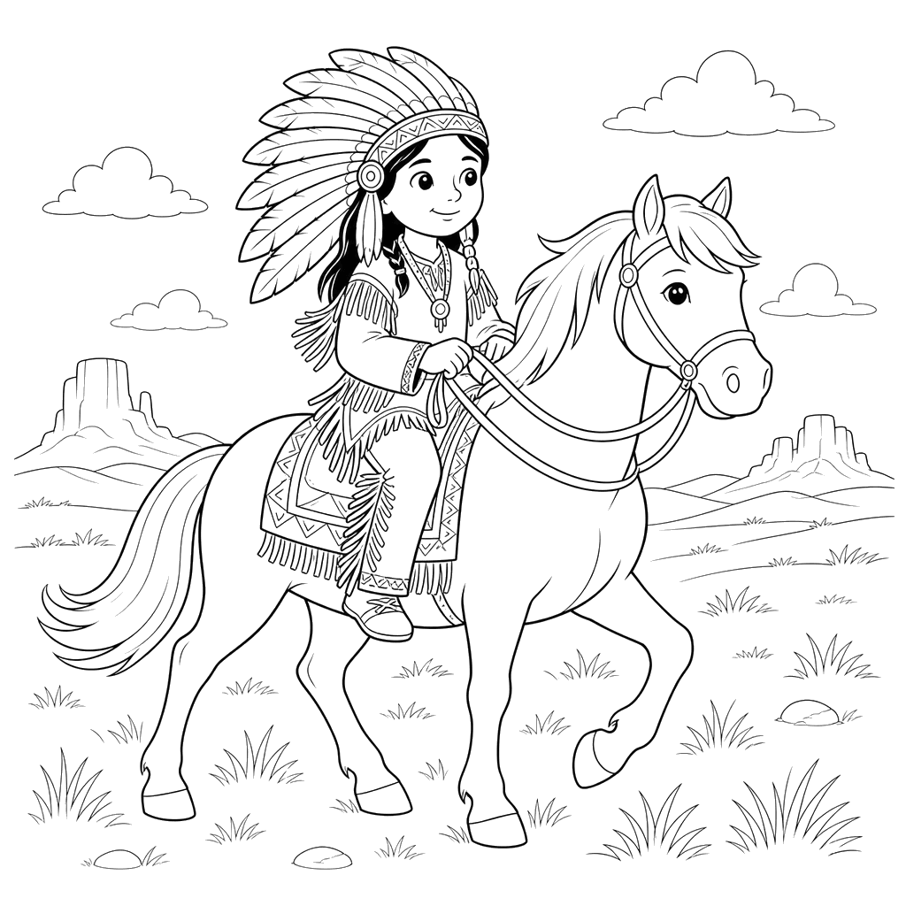 Indian on Horse in the Prairie Coloring Page