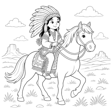 Indian on Horse in the Prairie Coloring Page