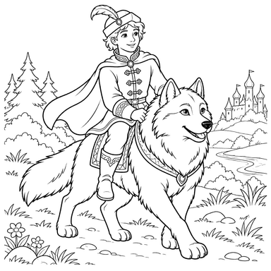 Ivan Tsarevich and the Grey Wolf Coloring Page