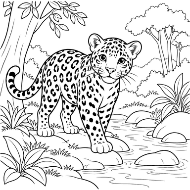Jaguar by a Forest Stream Coloring Page