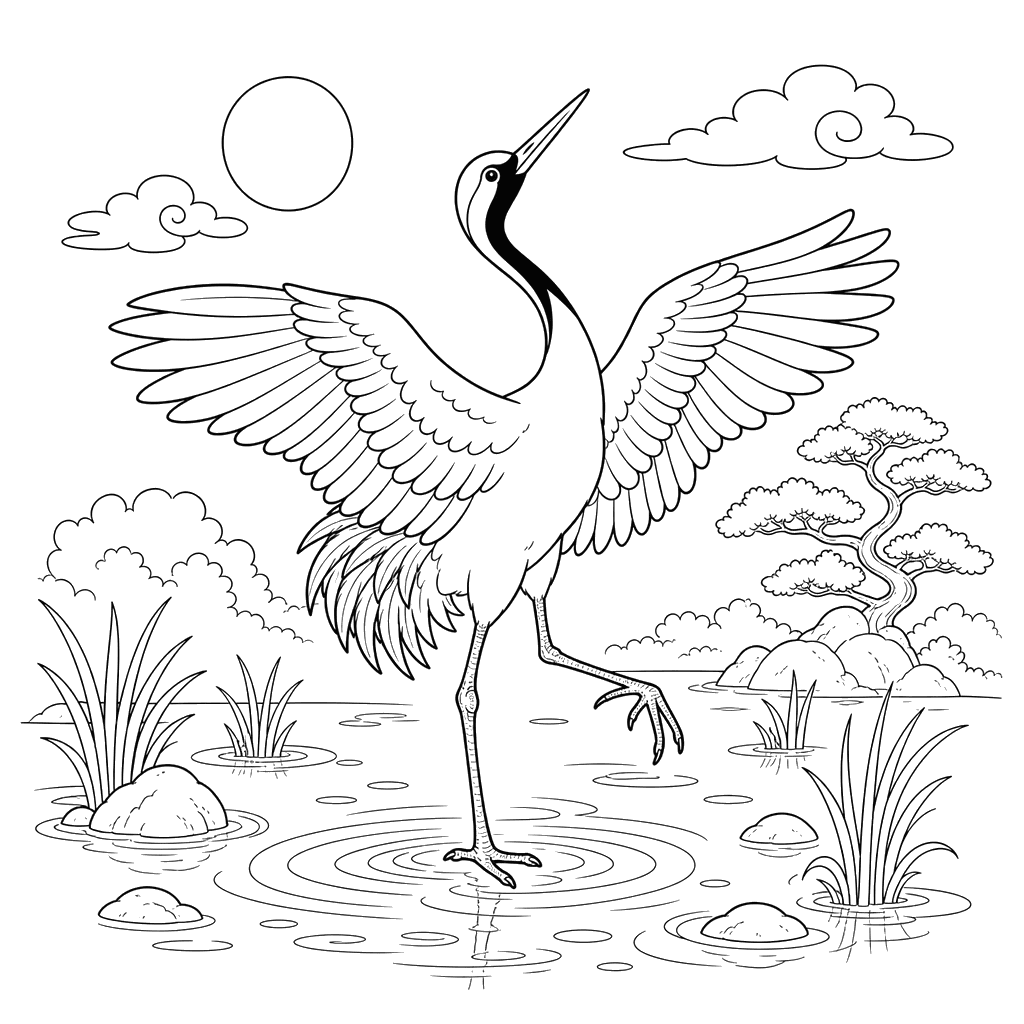 Japanese Crane Dancing Coloring Page