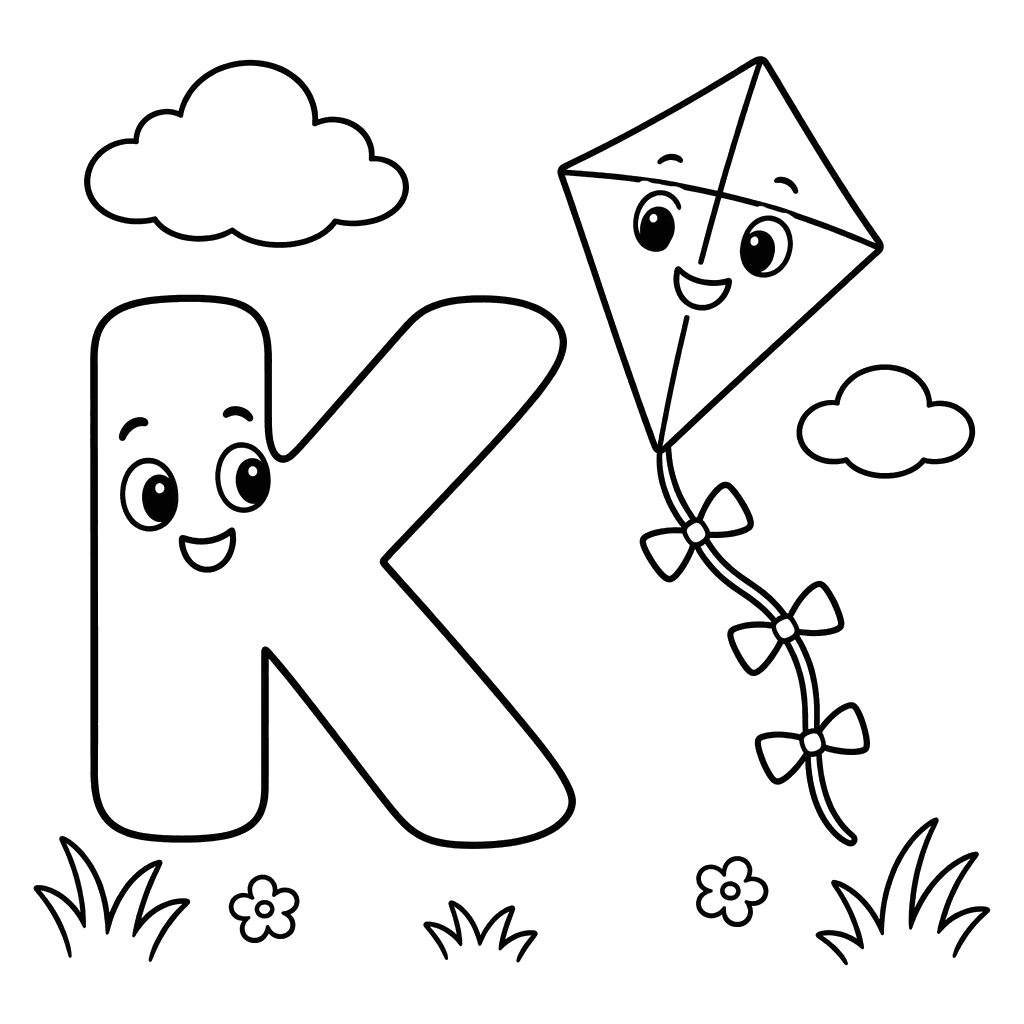 Letter K and Smiling Kite Coloring Page