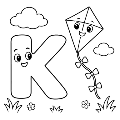 Letter K and Smiling Kite Coloring Page