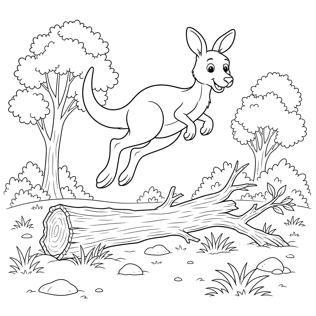 Kangaroo Jumping over a Log Coloring Page