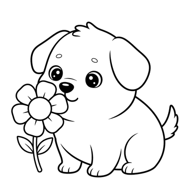 Kawaii Dog Sniffing Flower Coloring Page