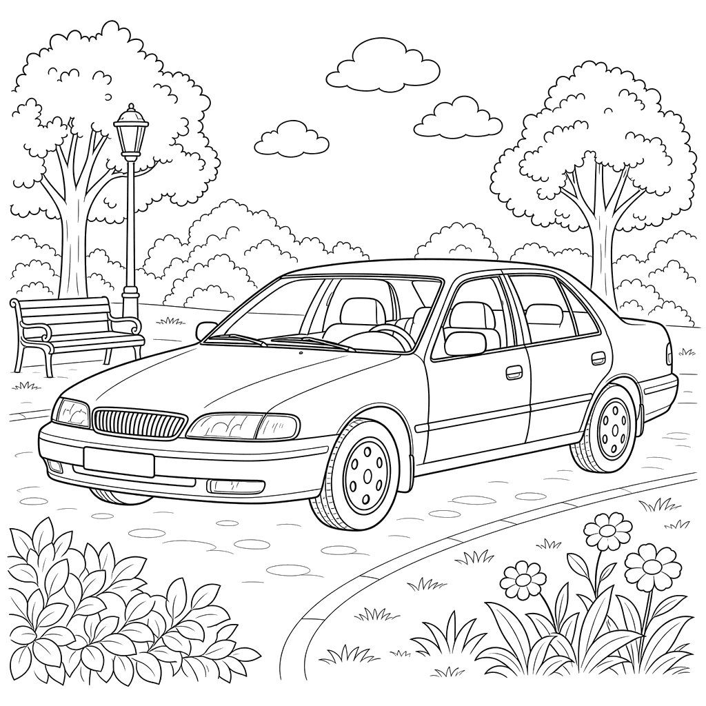 Kia Clarus Sedan in the Park Coloring Page
