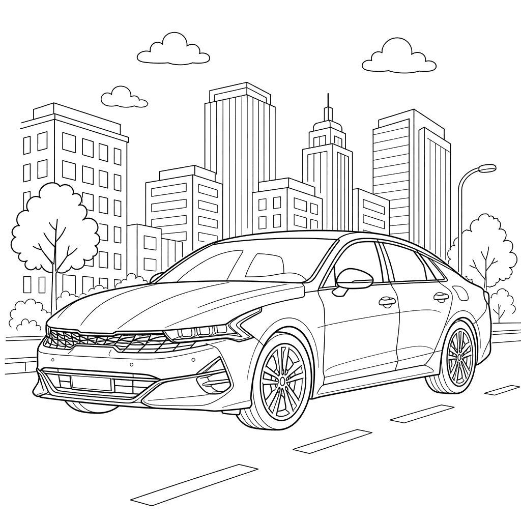 Kia K5 Sedan in City Coloring Page