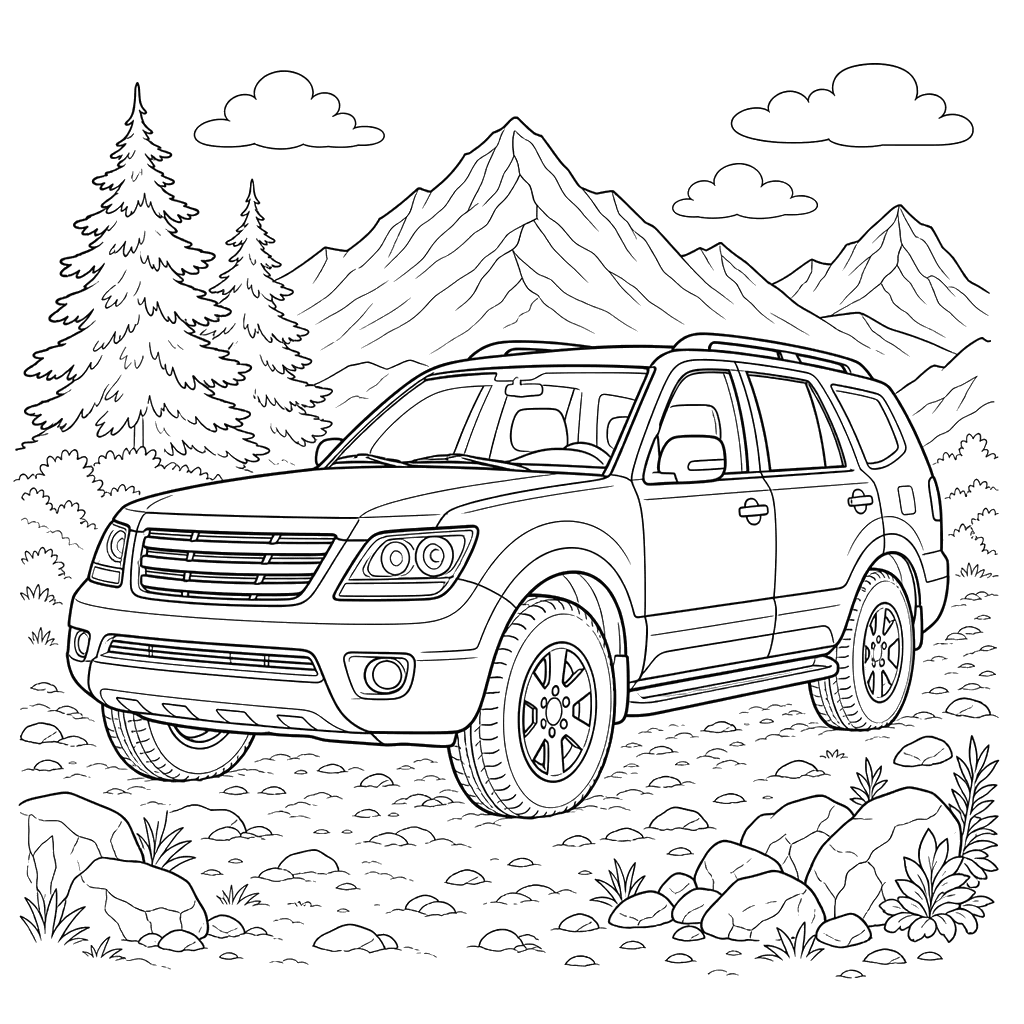Kia Mohave SUV in Mountains Coloring Page