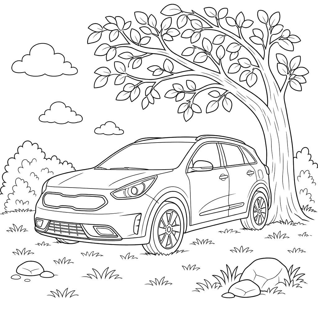 Kia Niro Hybrid Car Under a Tree
