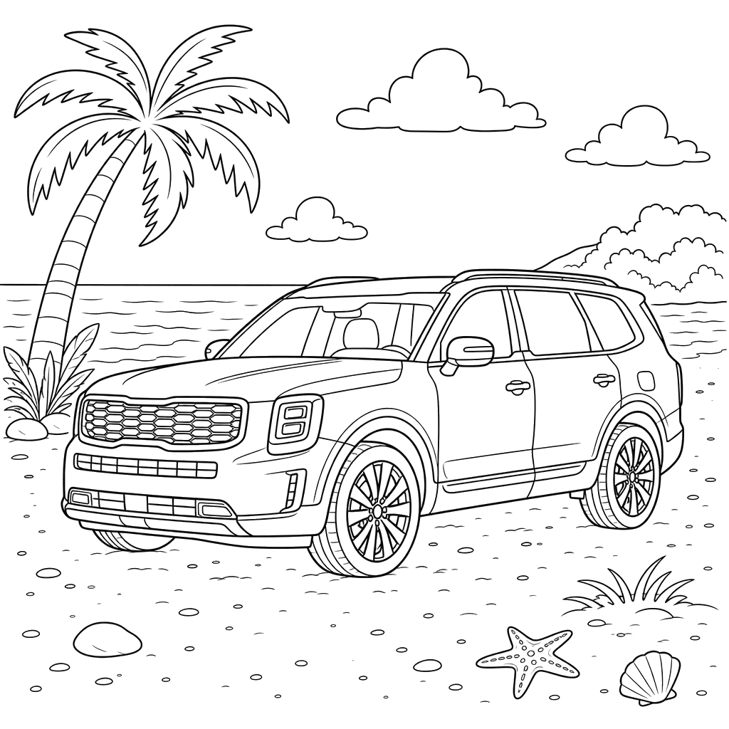 Kia Telluride SUV on the Beach Coloring Page