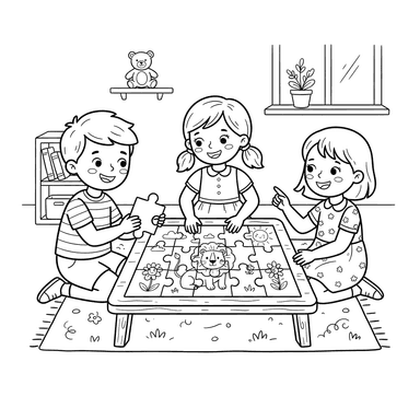 Kids Assembling a Giant Puzzle Coloring Page