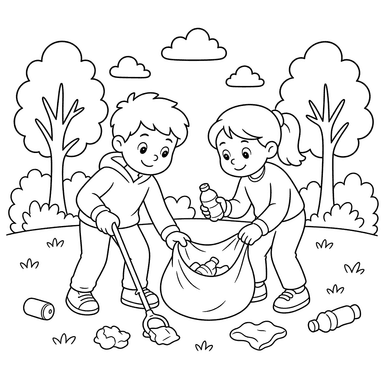 Kids Clean Up Park Coloring Page