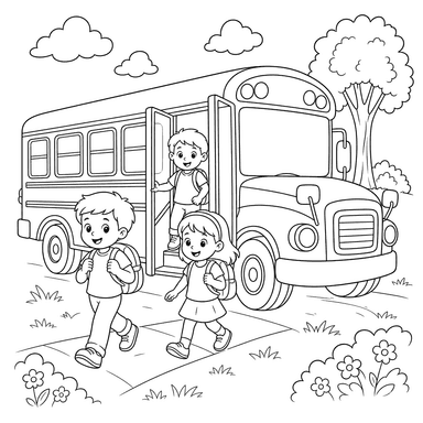 Kids Getting Off a School Bus Coloring Page