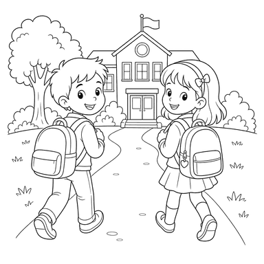 Kids Going to School with Backpacks Coloring Page