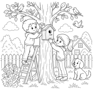 Children Hanging a Birdhouse