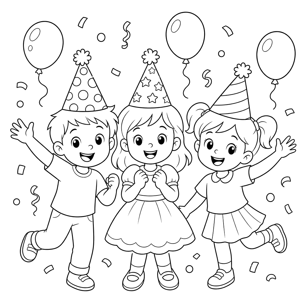 Children in Party Hats Coloring Page