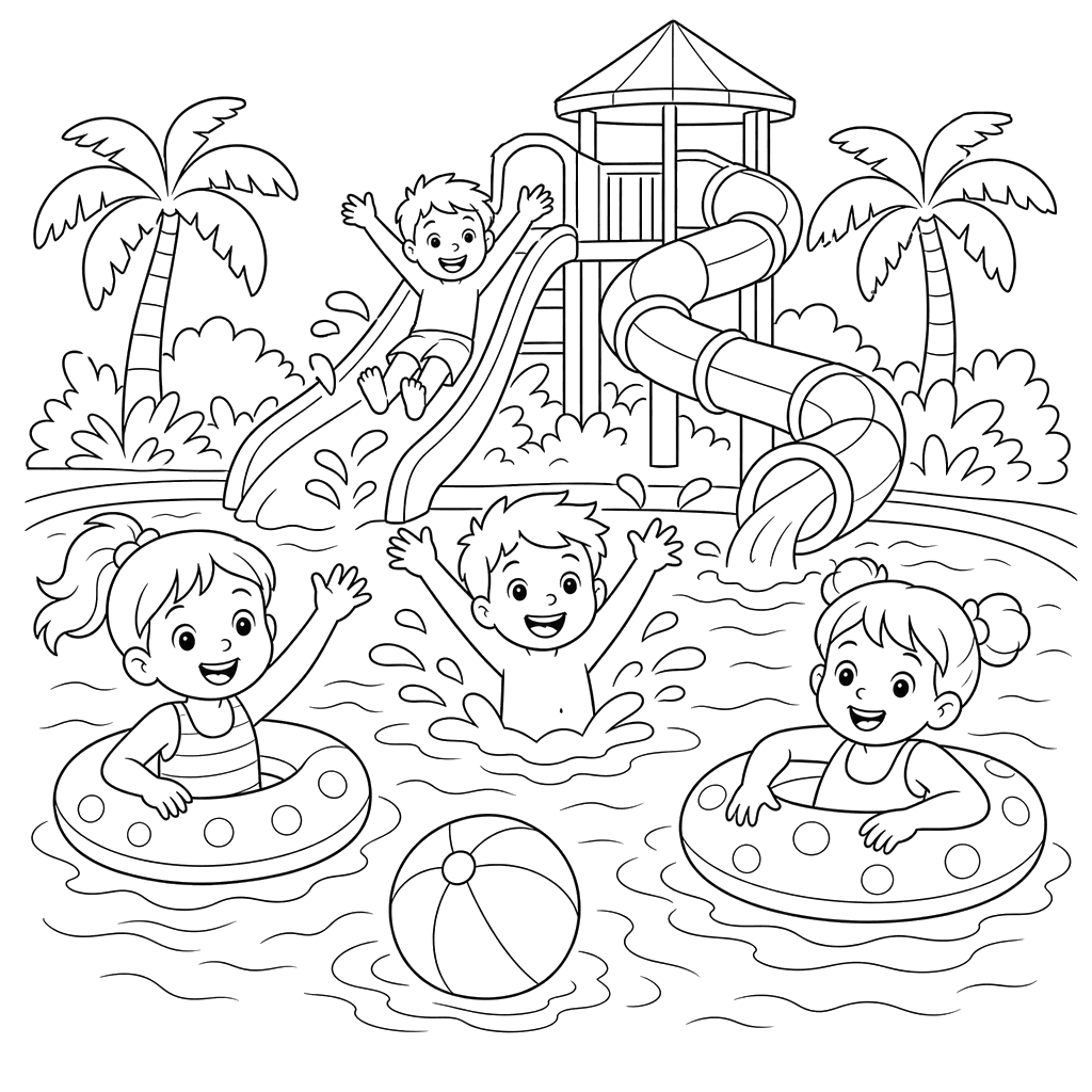 Kids in a Water Park Pool — Coloring Page