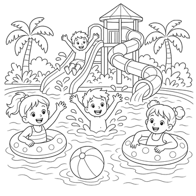Kids in a Water Park Pool — Coloring Page