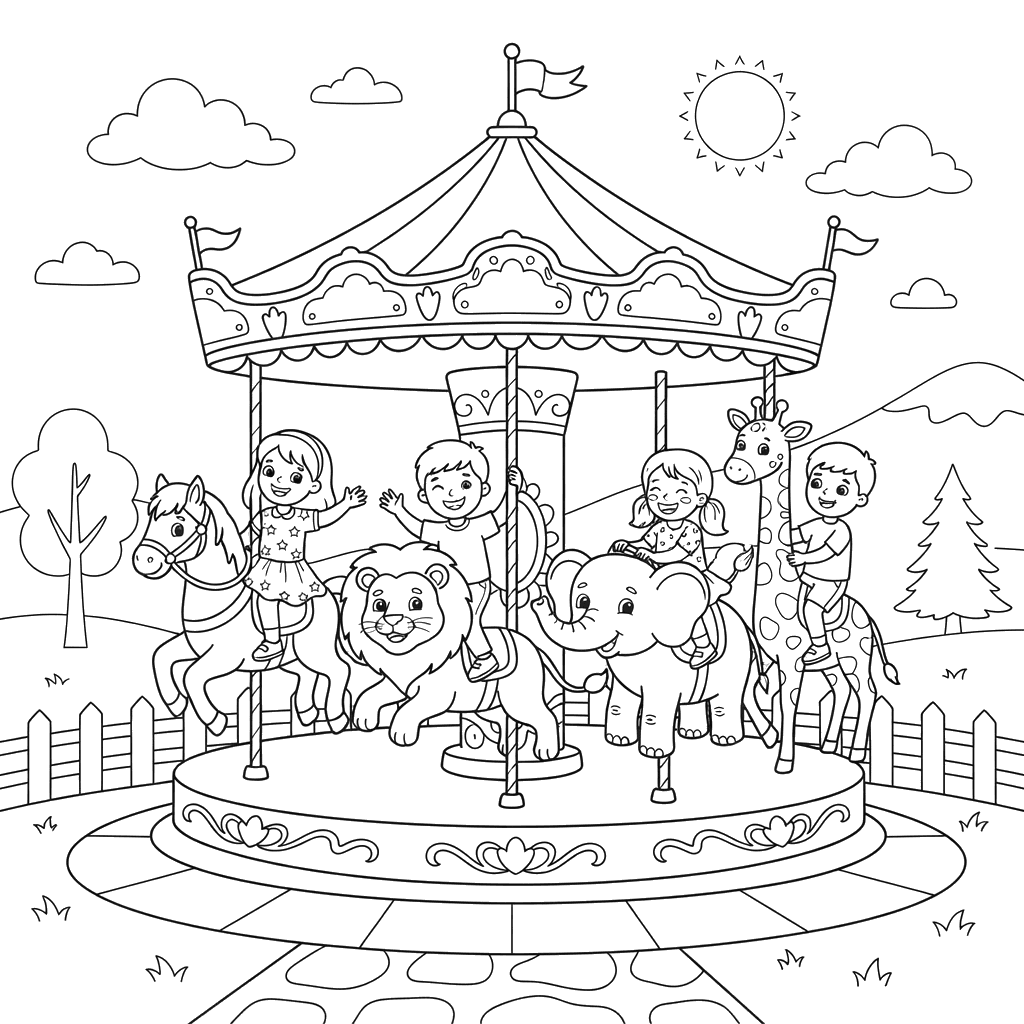 Kids on a Carousel Coloring Page