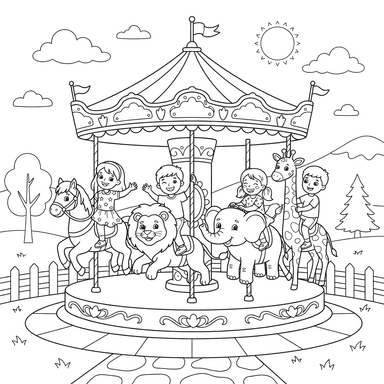 Kids on a Carousel Coloring Page