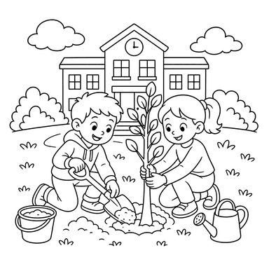 Kids Planting Saplings by School