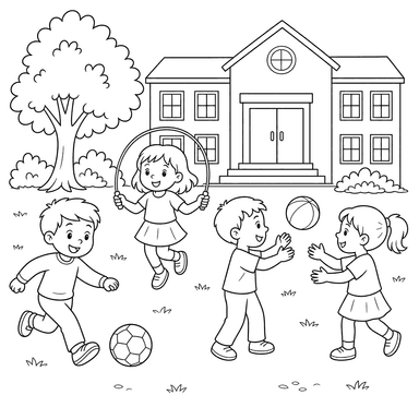 Children Playing in the Schoolyard — Coloring Page