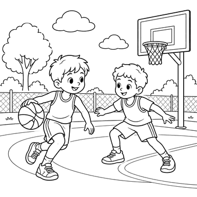 Kids Playing Basketball Coloring Page