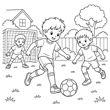 Kids Playing Soccer in the Yard Coloring Page