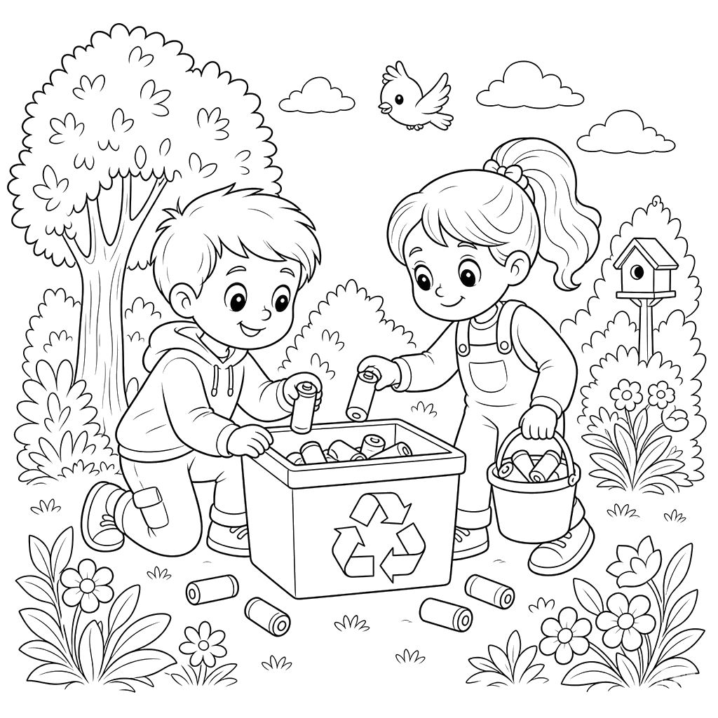 Kids Recycling Batteries Coloring Page