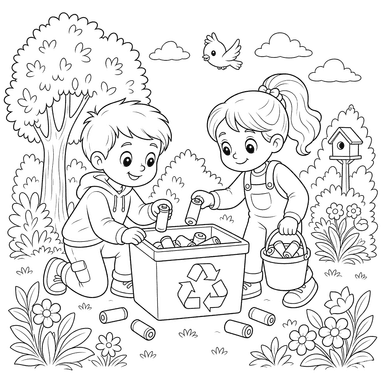 Kids Recycling Batteries Coloring Page